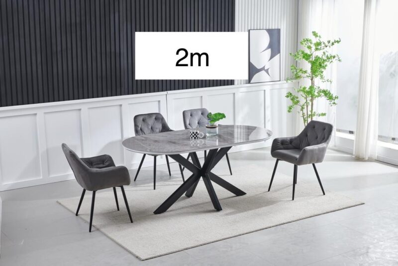 TABLE A MANGER CERAMIQUE OPHELIA MARBRE GRIS PIED NOIR 2m - Image 4